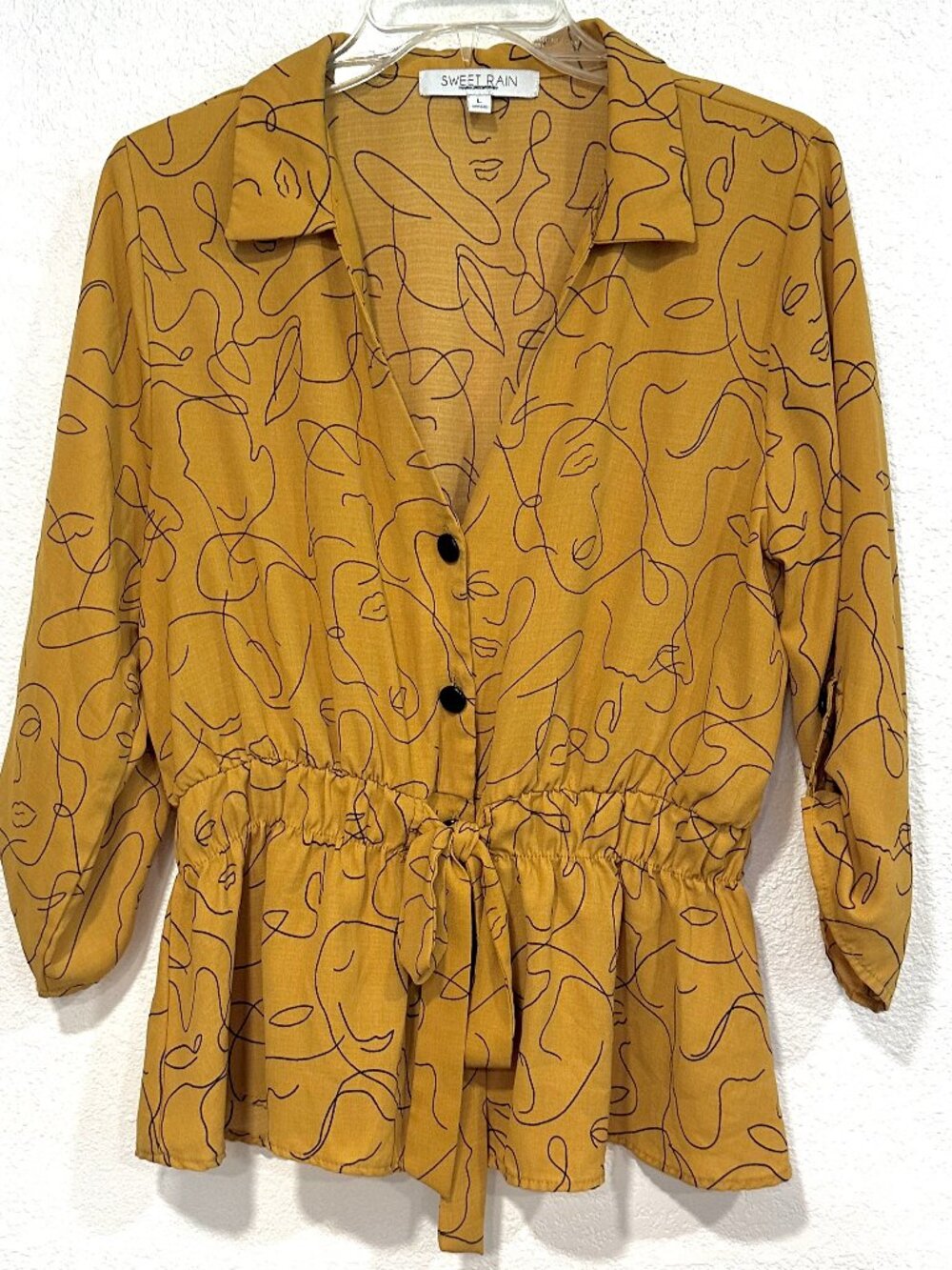 Sweet Rain Peplum Top V-Neck Button Front Elastic Tie Waist Gold Black SZ Large